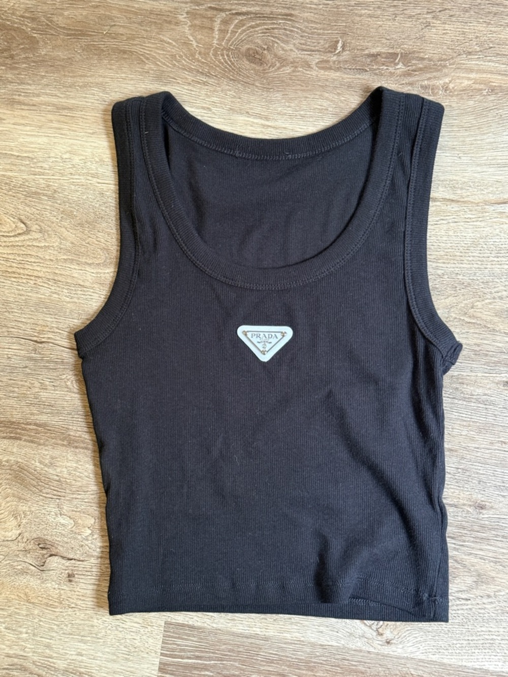Prada Black Ribbed Cropped Tank with Logo